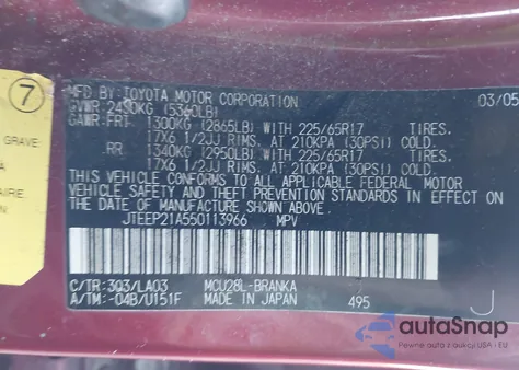 2005 Toyota Highlander Limited V6 z USA, uszkodzony, nr VIN JTEEP21A550113966